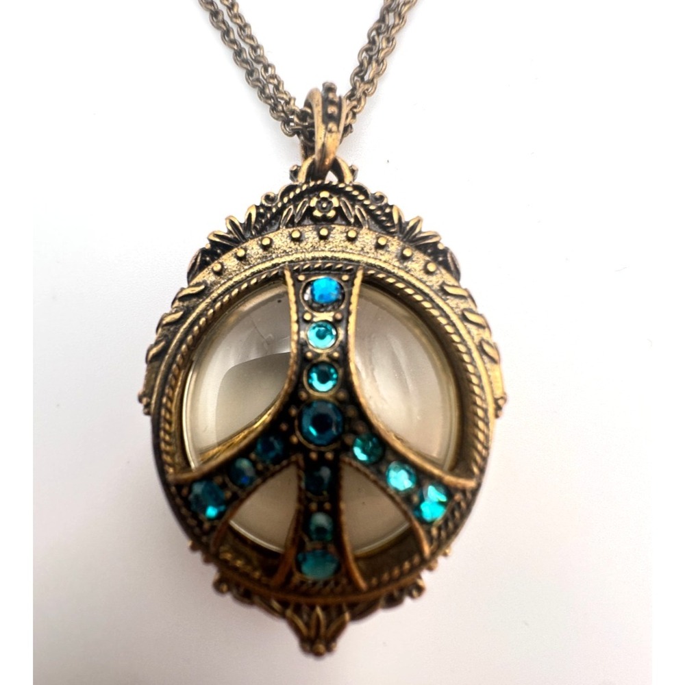 Lucky Brand Necklace Victorian Revival Peace Sign Bronze Tone Blue Rhinestone